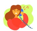 Displeased girl and a telephone receiver. Cartoon. Vector